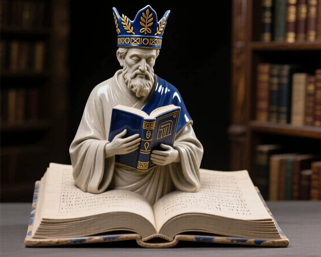 A scholar of the ancient library lost in study standing in a commanding, timeless pose, crowned with symbolic ornamentation, evoking reverence for ancient tradition.