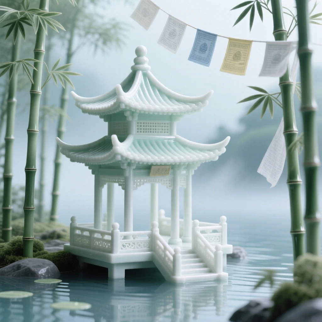 A serene lakeside pagoda nestled in a misty bamboo forest, prayer flags fluttering gently in the breeze.
