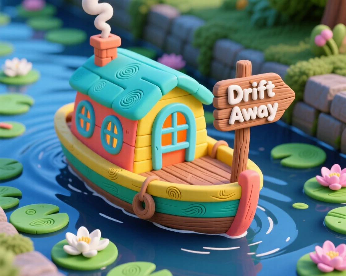 A colorful houseboat drifting along a lily-covered canal