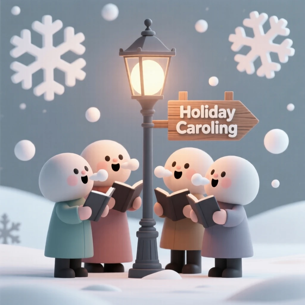 A group of carolers gathers around a lamppost, breath visible in the cold as they sing beneath falling snow.