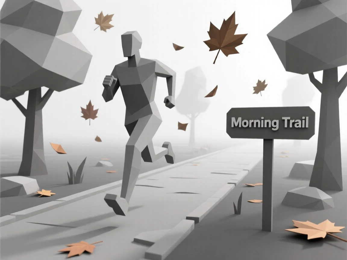 A runner sprinting through a misty morning trail, beneath falling autumn leaves. natural light enhances the authenticity of the scene. The mood feels tender and heartfelt.