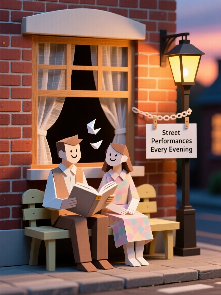 A street performer reading together in a cozy window nook, with soft laughter caught mid-moment, evoking warmth and quiet connection.