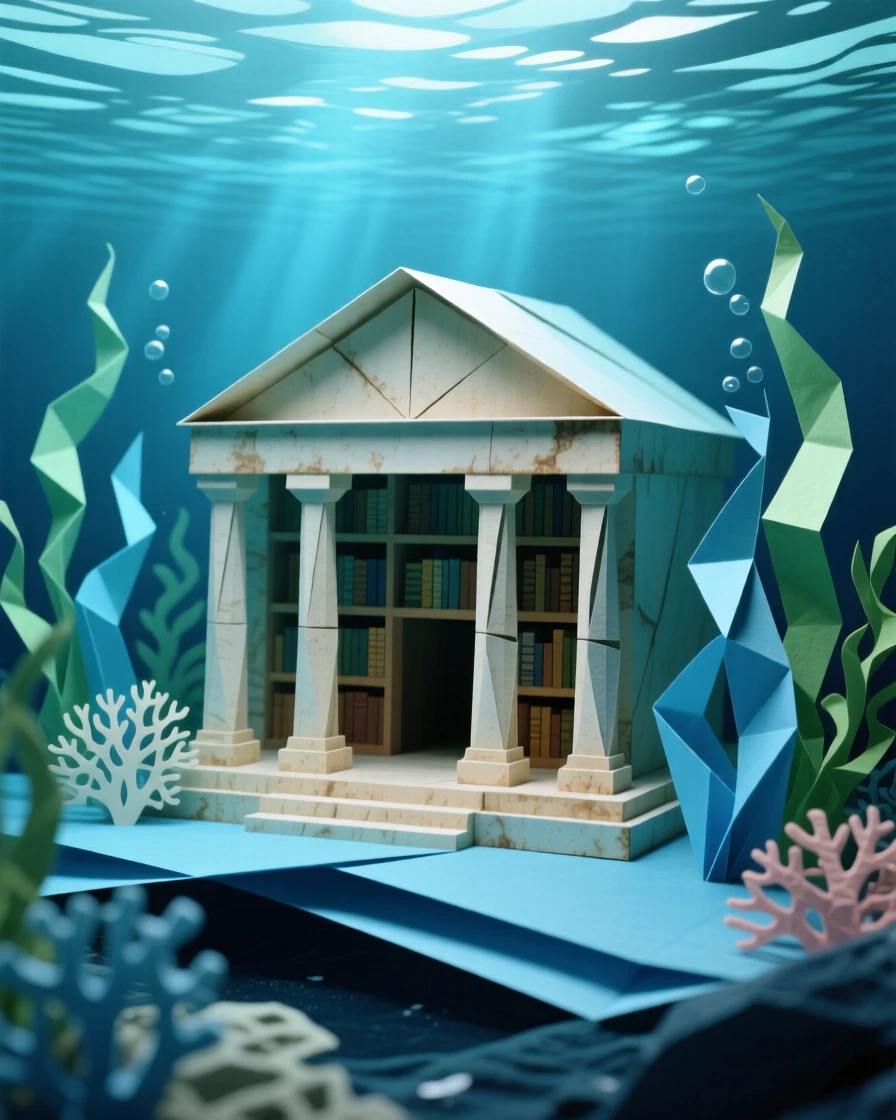 A hidden library at the bottom of the sea, glowing softly through the water above.