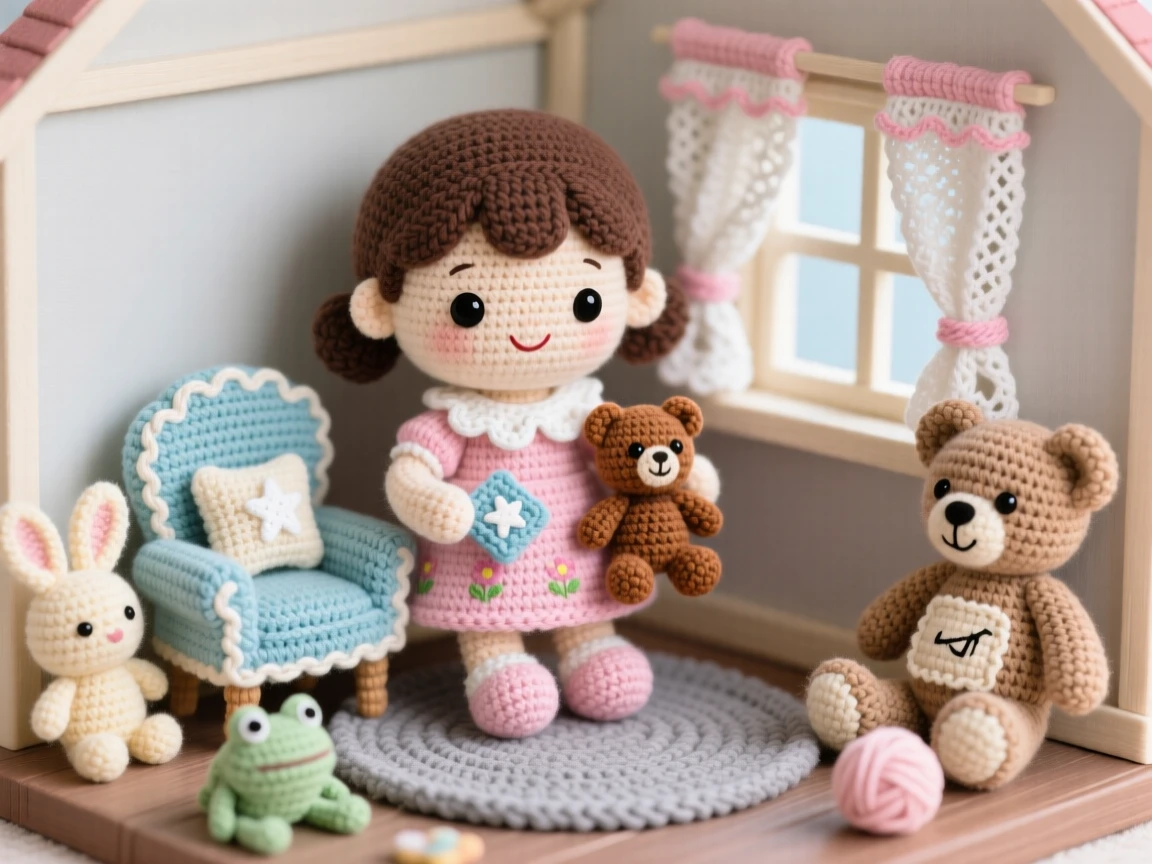 A tender everyday moment: a little girl arranging a dollhouse with tiny furniture in each hand, placing a small chair by a tiny window inside a tidy playroom scattered with soft toys; a favorite well-loved stuffed toy completes the scene, full of soft nostalgic coziness.