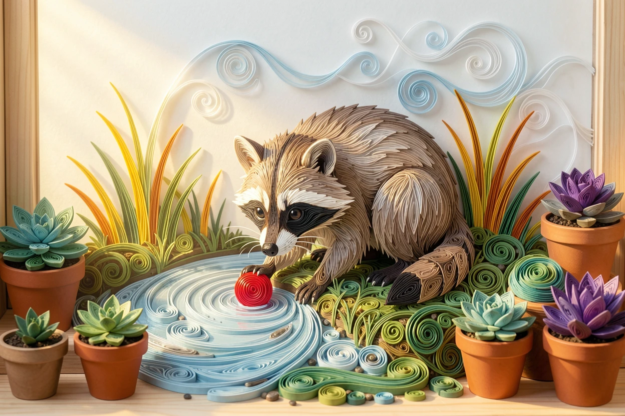 a baby raccoon washing a berry in a stream, on a windowsill lined with potted succulents, with soft rays of golden light filtering in from one side, under a dusting of soft morning mist.