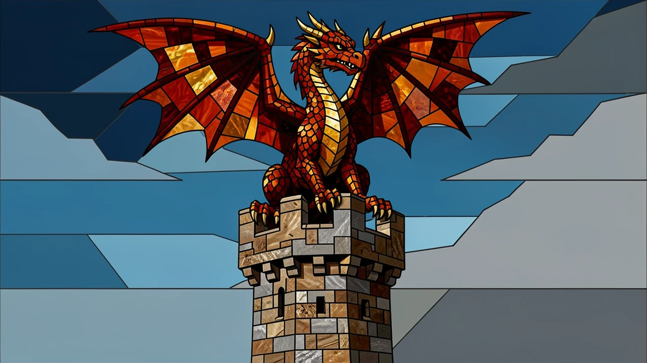 A majestic dragon perched atop a crumbling castle tower under a stormy sky.