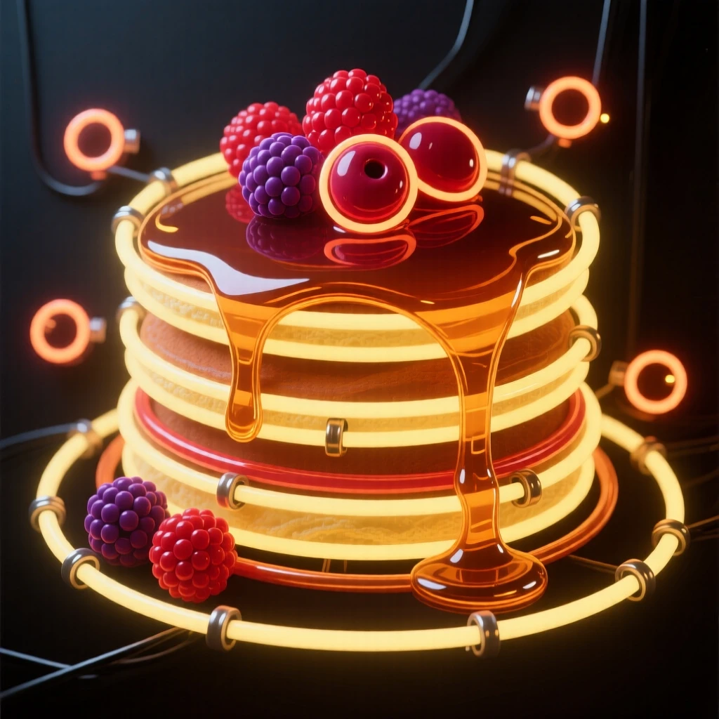 A stack of fluffy pancakes topped with berries and syrup.