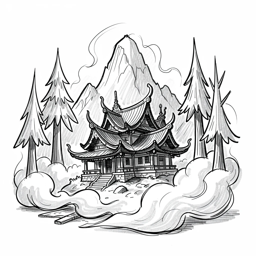 A mountain temple wrapped in fog at the edge of a quiet forest.