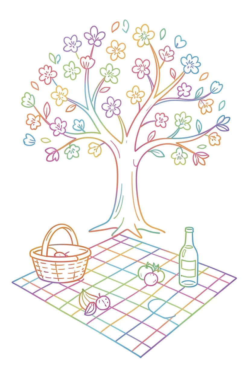 A spring picnic scene with a checkered blanket beneath a blooming tree.