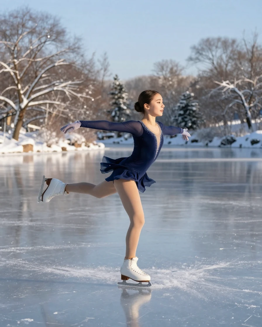 An ice skater performing a graceful spin on a frozen pond