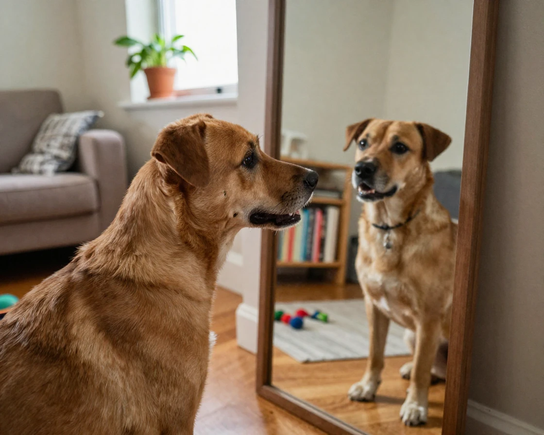 A dog tilts its head at a mirror, unsure if the reflection is a new friend.