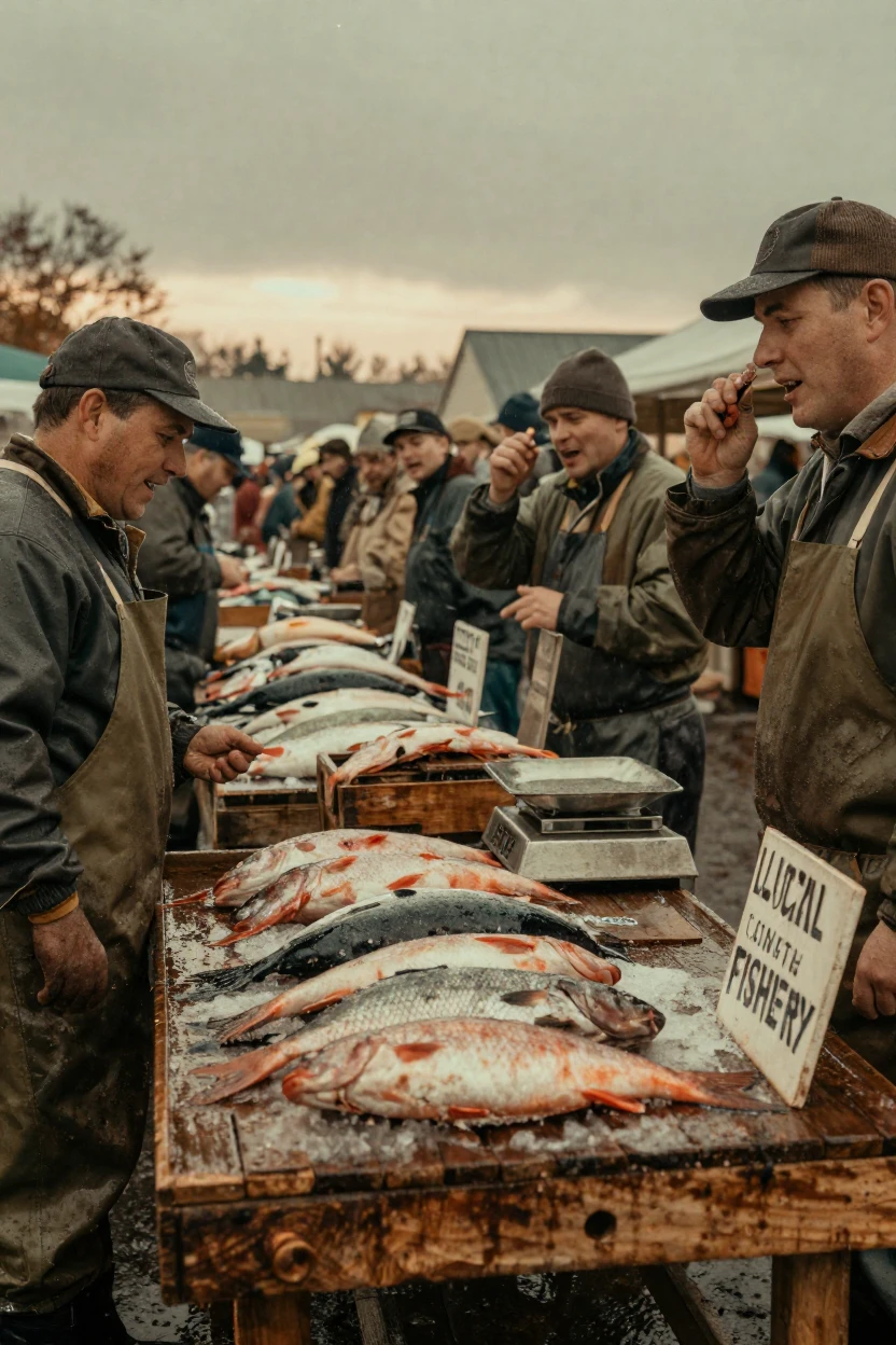 A crowded fish market with vendors calling out the morning's catch, under a canopy of stars, under a light drizzle, in late autumn, with muted olive and rust colors, in a tight close-up.