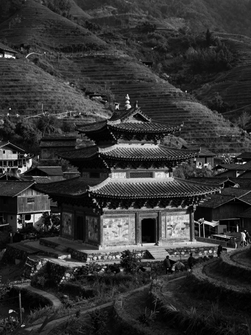 A centuries-old temple sits nestled among terraced hills in a small mountain village.