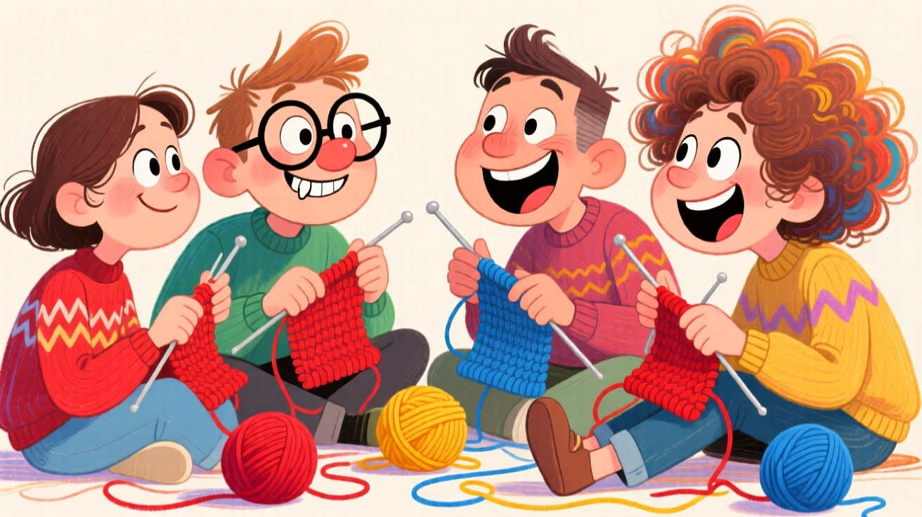 A knitting circle of friends chatting happily, needles clicking away.