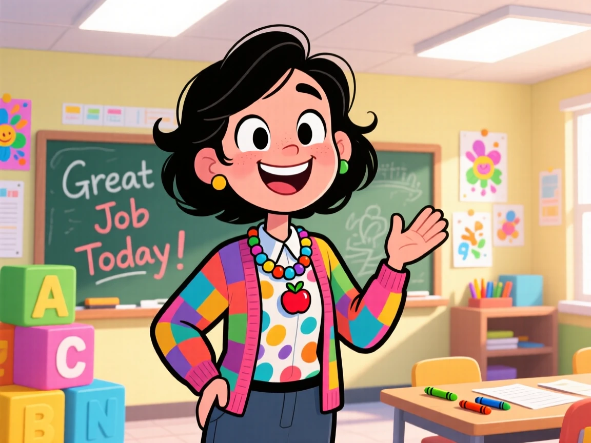 A vibrant profession-themed portrait of a patient kindergarten teacher celebrating after finishing a difficult job, under bright overhead lights.