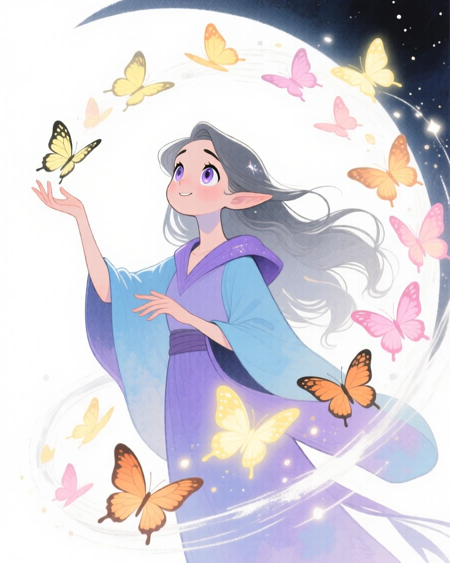 A moonlit sorceress summoning a flock of glowing butterflies