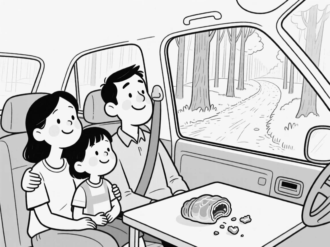 A family squeezed together in a tiny rental car, watching the world go by with a contented sigh, set at the start of a forested hiking trail. A half-eaten pastry balances precariously on the table's edge. The image feels like a postcard brought playfully to life.