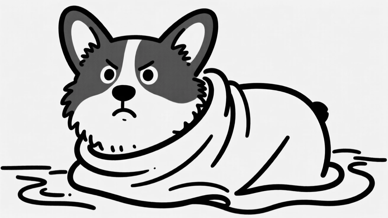 A fluffy corgi wrapped in a towel after a bath, looking grumpy but adorable.