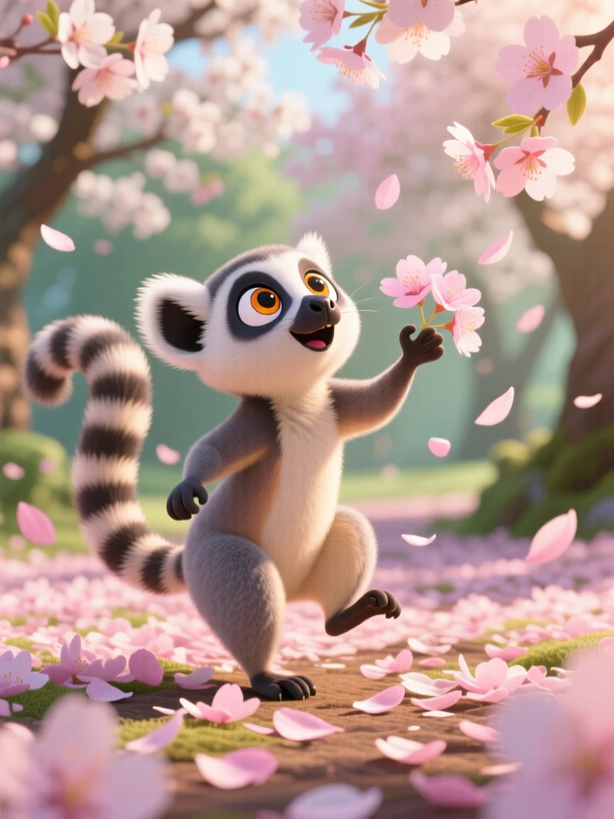 A wide-eyed lemur is playing among fallen cherry blossom petals, looking up with big curious eyes. Playful joy radiates from the small creature, with soft light catching its fur.