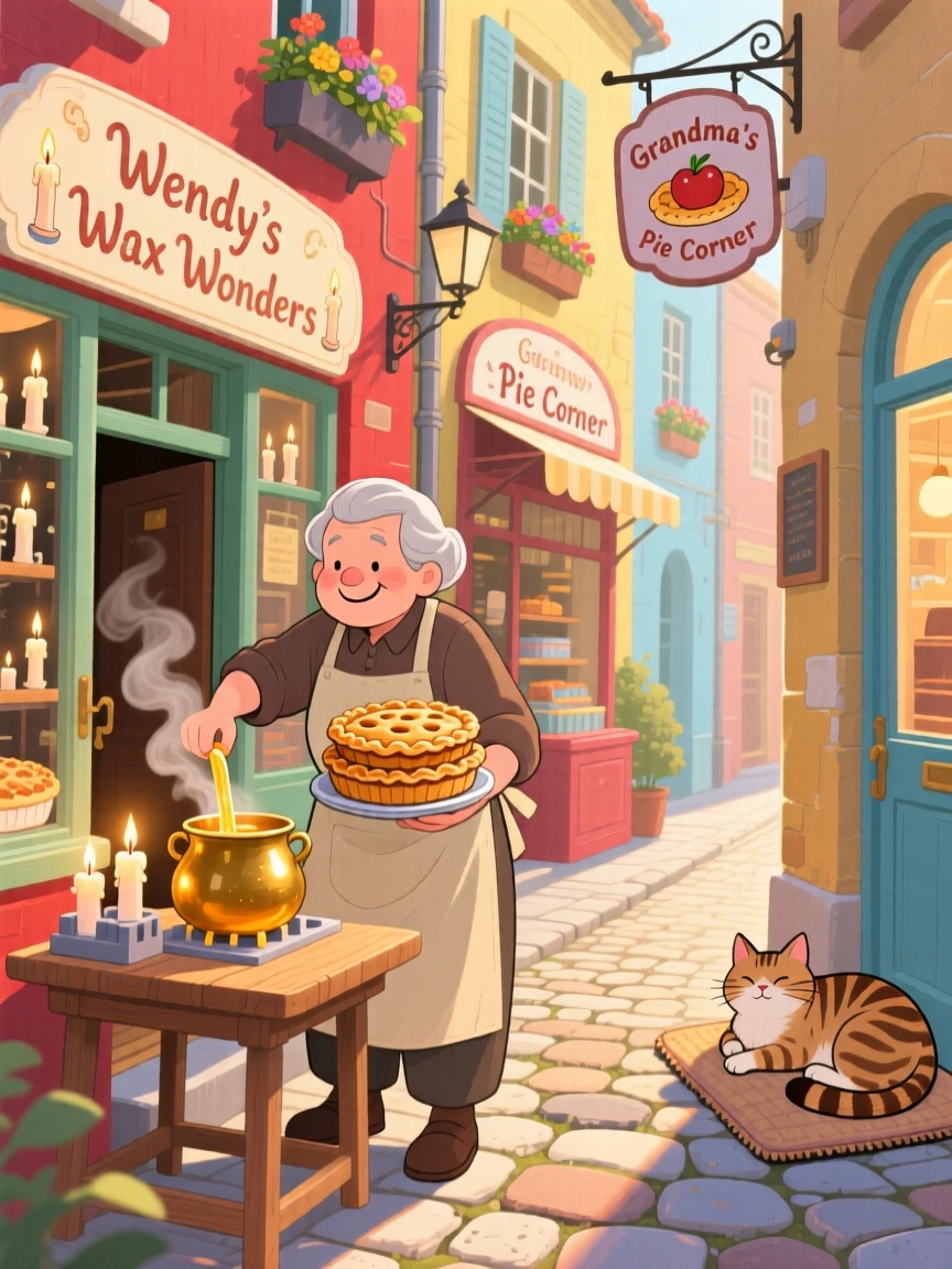A candle maker pouring warm wax pauses while carrying a stack of freshly baked pies in a narrow alley lined with shops, while a cat naps in a sunny doorway.