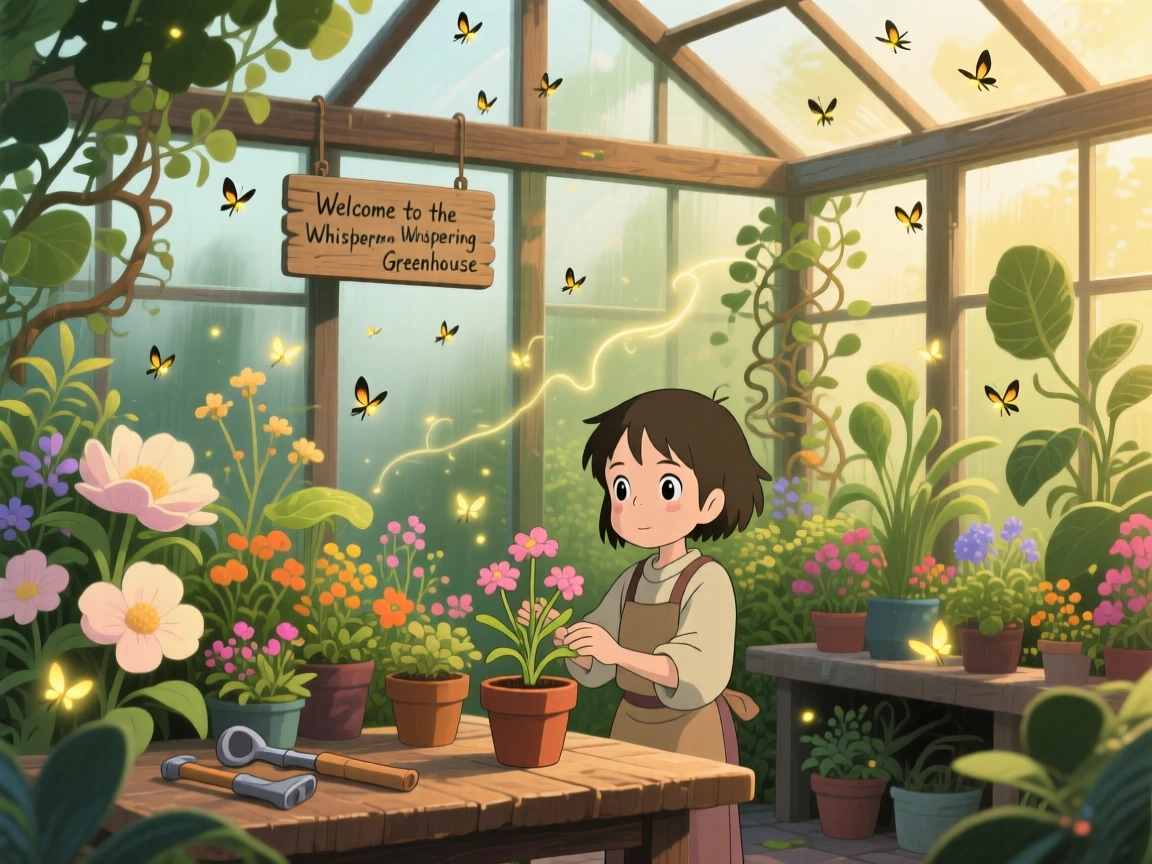 A greenhouse overflowing with exotic blooming plants, fireflies drifting lazily through the air, creating a scene of quiet natural magic.