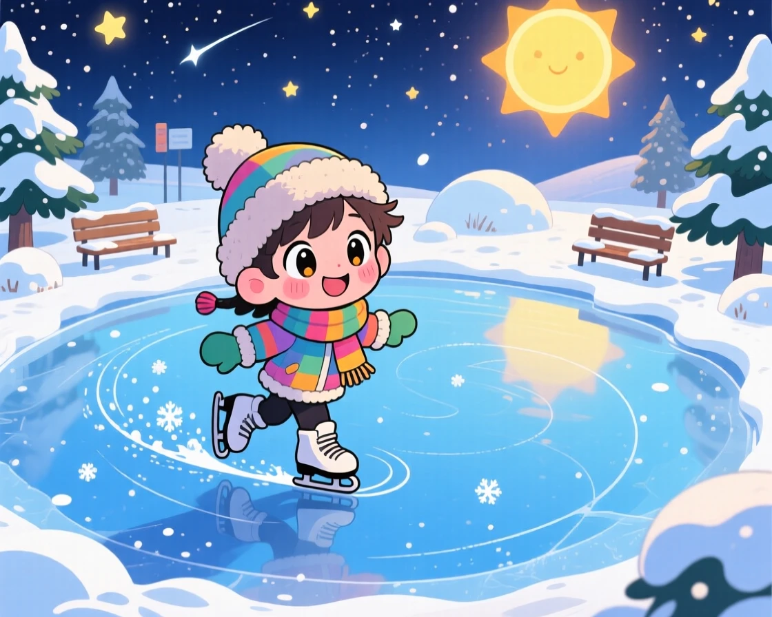 Bird's-eye view: a child ice skater, gliding gracefully across a frozen pond, set against a snowy winter park under a starry midsummer night sky, with bright midday sun and a mood of playful mischief.