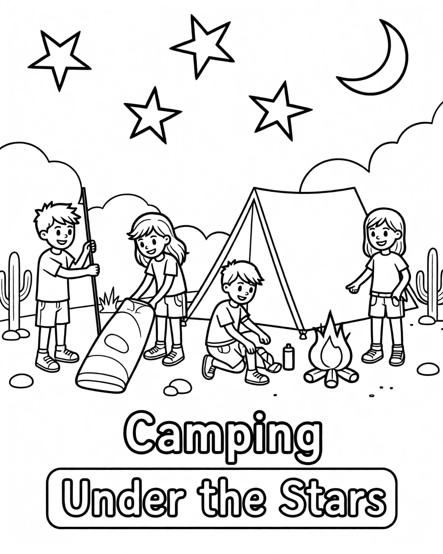 A team of friends setting up camp under a starry desert sky
