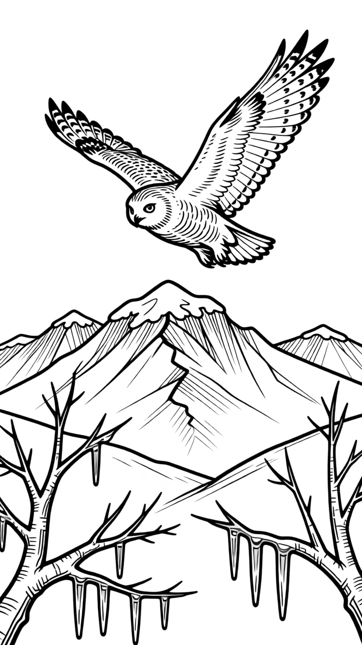 A snowy owl soaring above a mountain range, with icicles hanging from nearby branches.