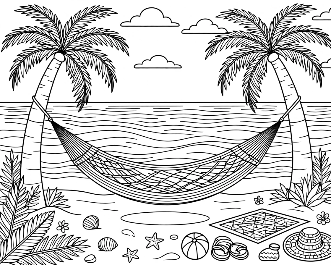 A hammock strung between two palm trees on a quiet beach.