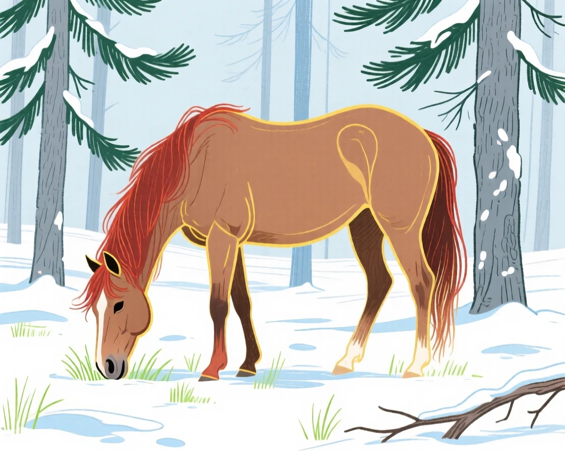 A wild mustang grazing in a snowy pine forest in early spring.