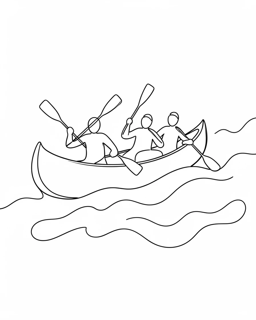A group of paddlers navigating a canoe through misty river rapids
