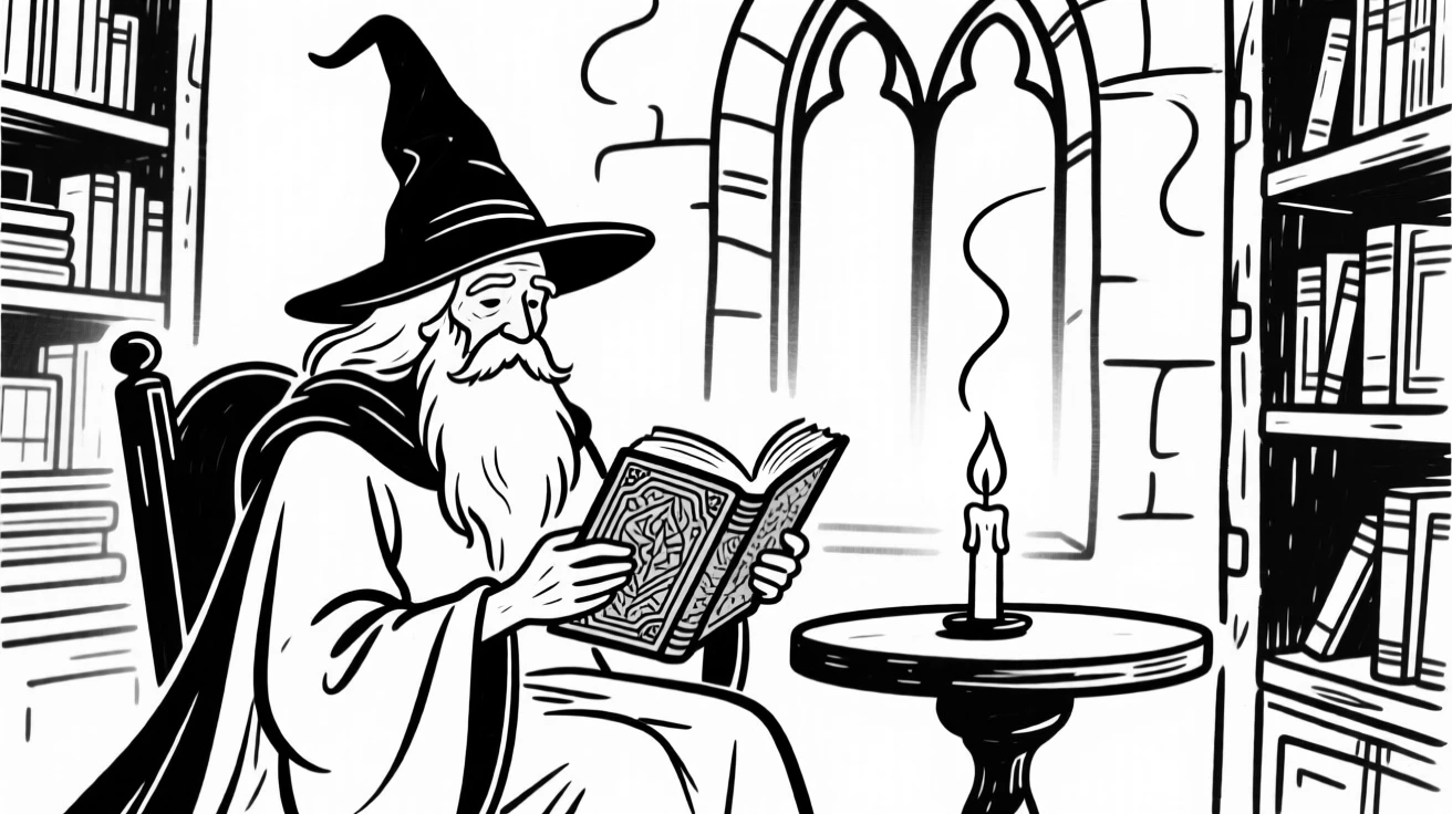 A wise old wizard reading an ancient tome by candlelight in a tower study.