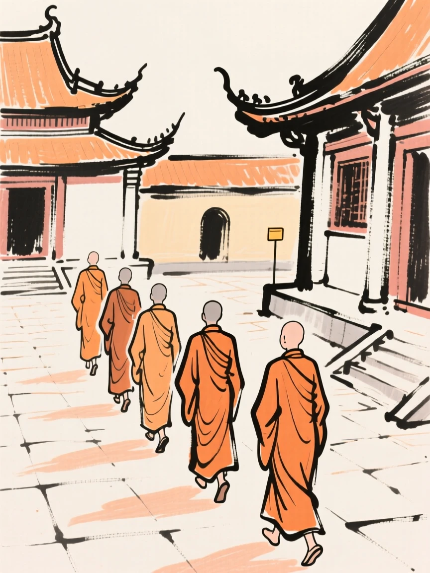 A group of monks in orange robes walking quietly through a temple courtyard.