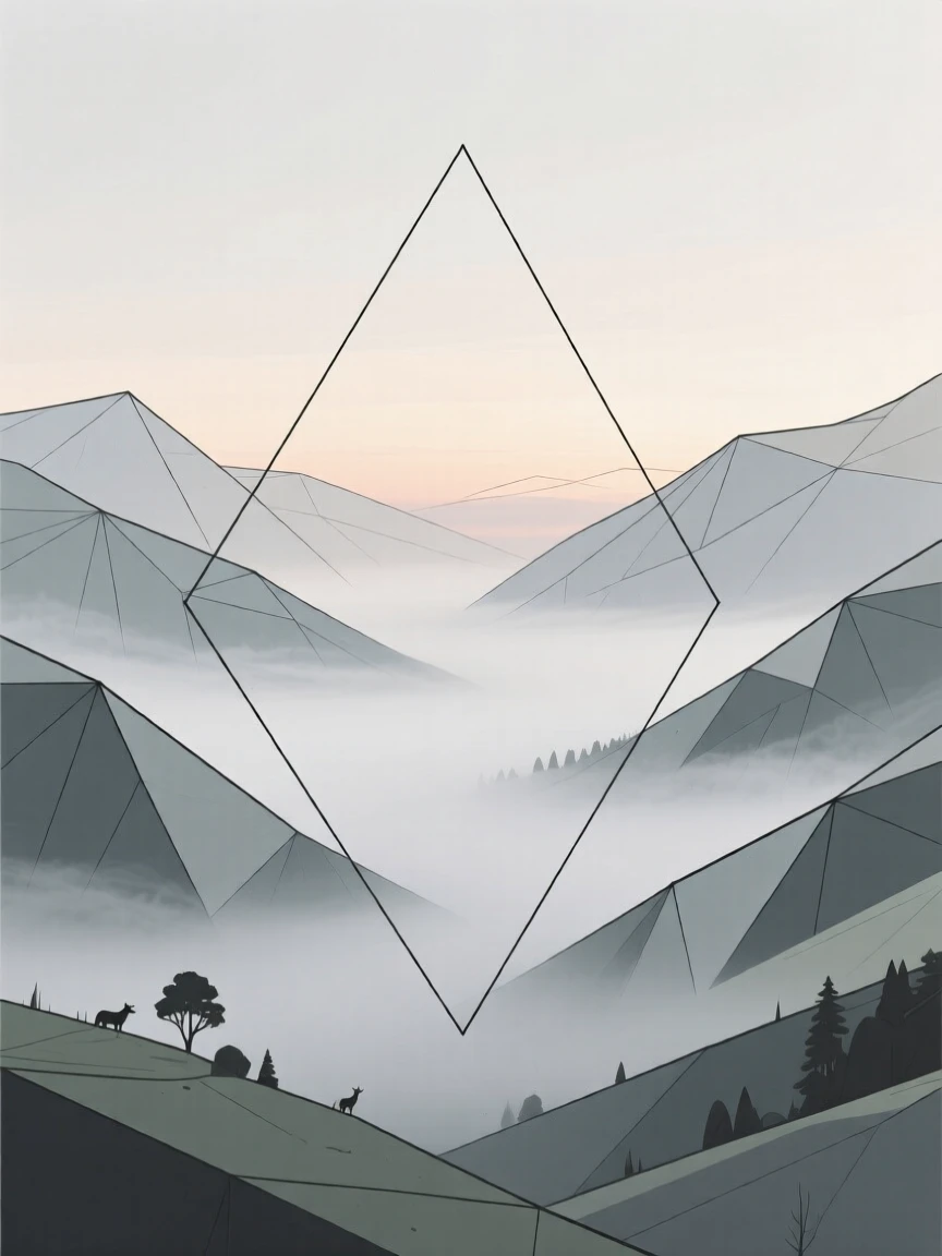 A misty valley at dawn surrounded by hills