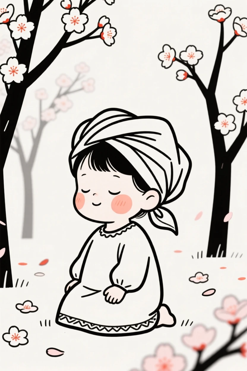 A two-year-old of Russian heritage wearing a Nigerian gele headwrap, looking serene and at peace, in a blooming cherry blossom garden.