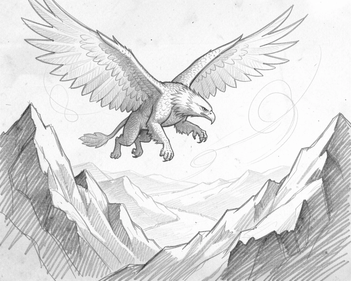 A griffin soaring over jagged mountain peaks, in a valley bathed in otherworldly light, with magical light swirling through the air.