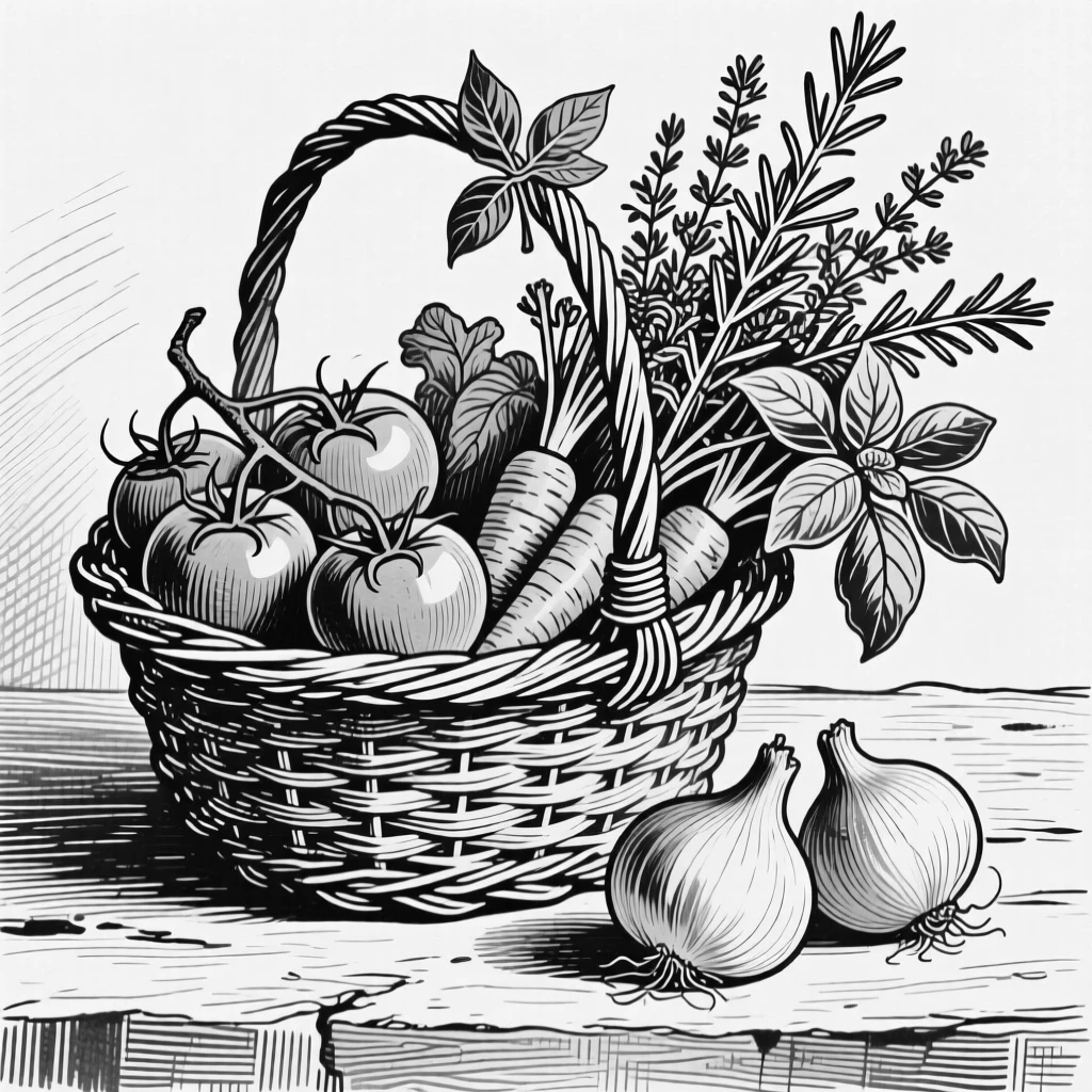 A basket of fresh vegetables from the garden set beside a bouquet of fresh herbs, with a sprig of herbs used as garnish, presented in a rustic and homely culinary still life.