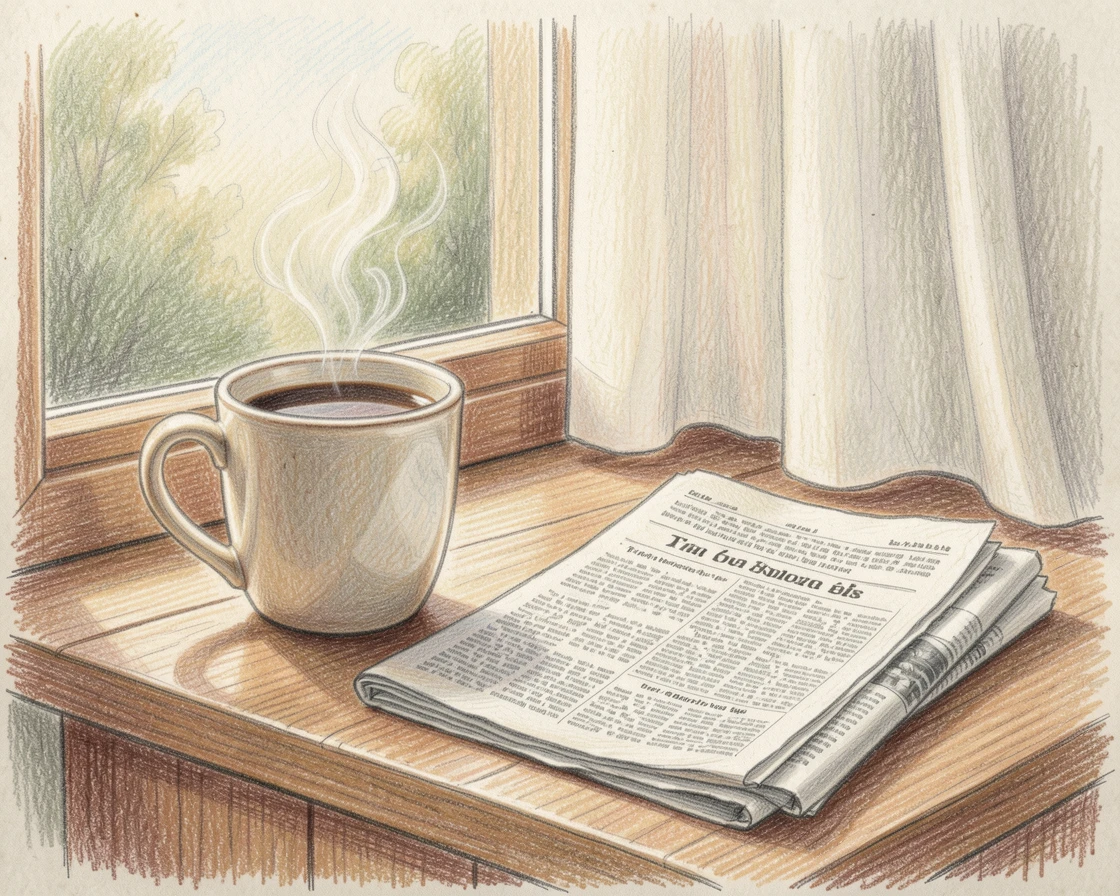 A quiet Sunday morning with fresh coffee and a newspaper by the window, set against a softly lit, atmospheric backdrop, evoking nostalgia and a deep sense of contentment.