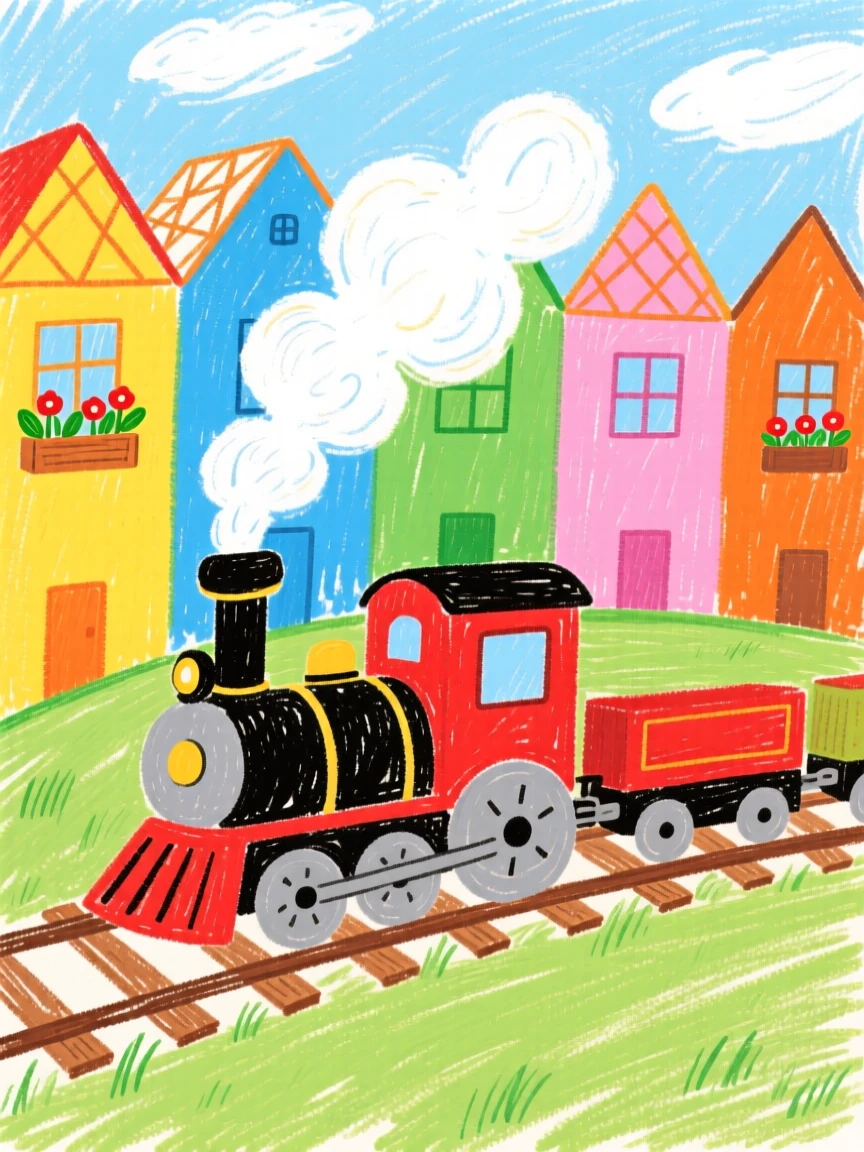 A steam train drifting past a row of colorful houses.