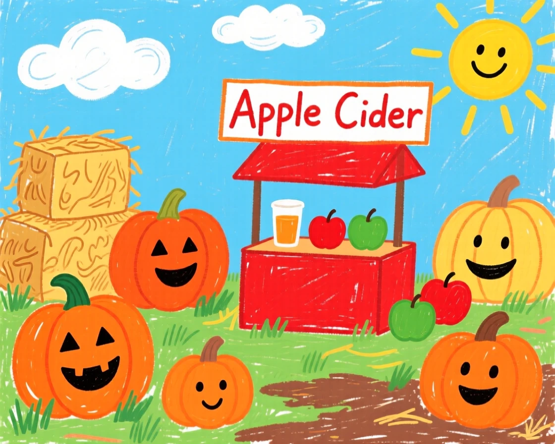 A harvest festival with pumpkins, hay bales, and apple cider stands.
