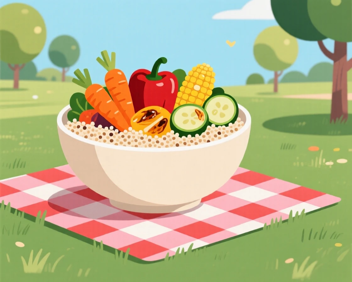 A colorful salad bowl layered with quinoa and roasted vegetables, arranged on a picnic blanket in a park, arranged with elegant simplicity and clean lines, with a joyful, celebratory feel.