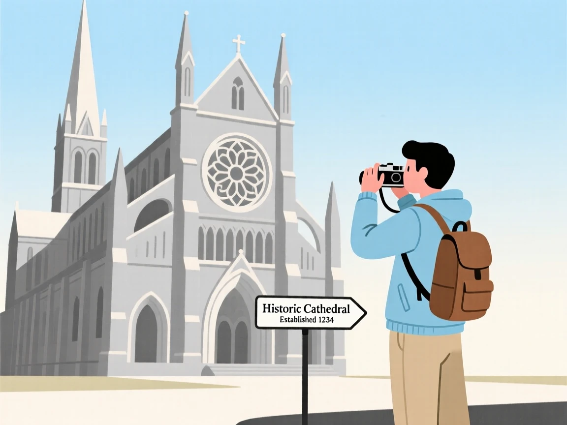 A traveler taking photos near a historic cathedral.