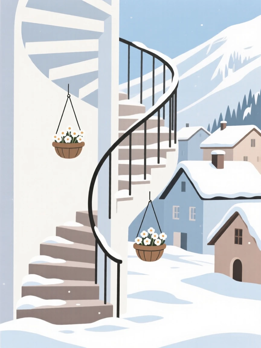A quiet corner of a spiral staircase within a snow-dusted alpine town, featuring hanging flower baskets, full of quiet elegance.