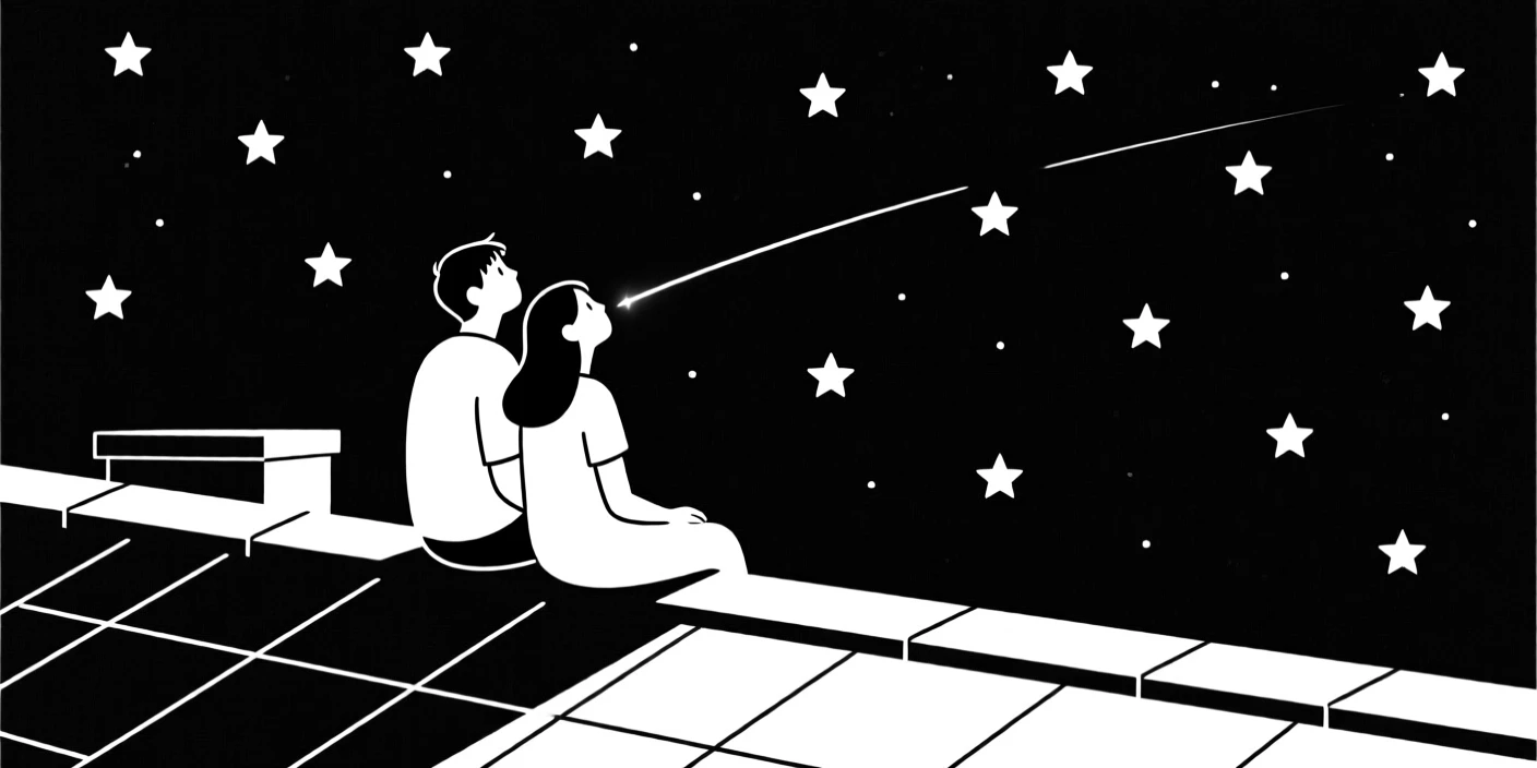 A young couple stargazing on a rooftop.
