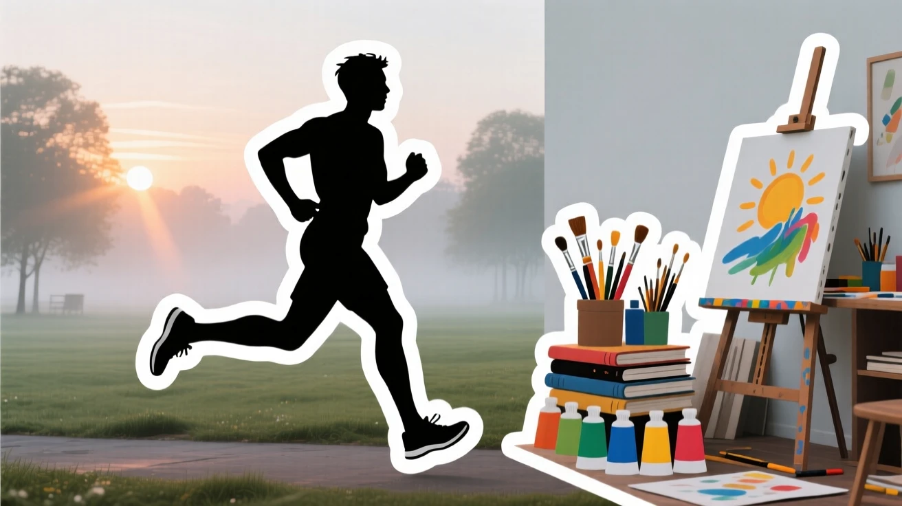 A peacefully immersed runner jogging through a misty park at sunrise, fully immersed in the creative process, in a sunlit studio filled with supplies.