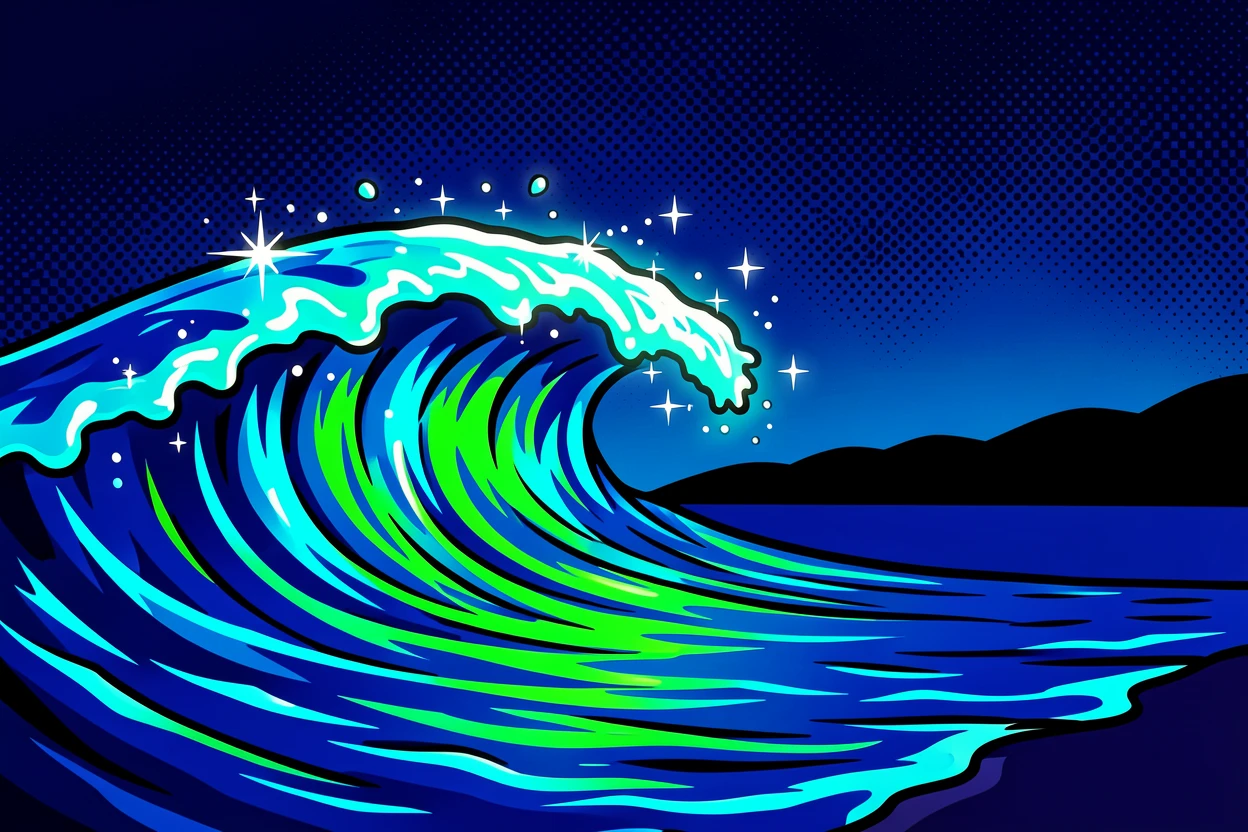 A bioluminescent wave lit along a night shore