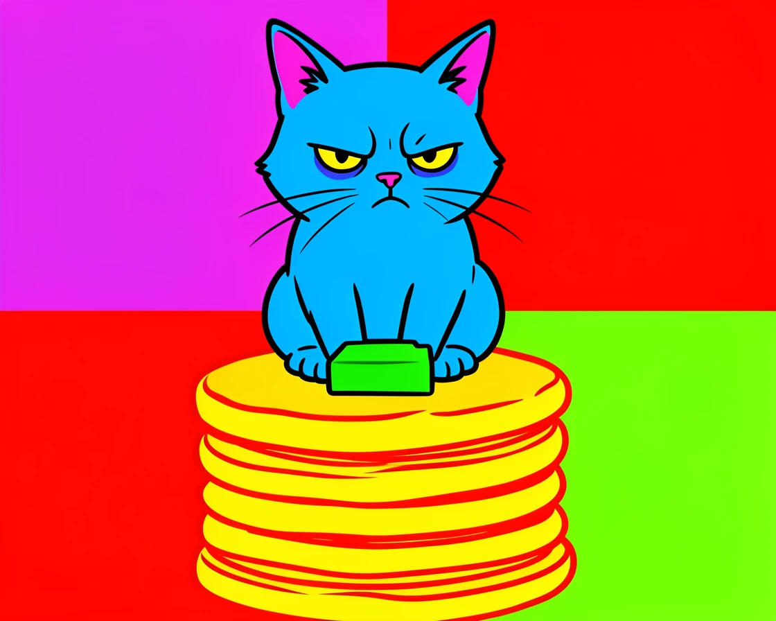 Grumpy cat sitting on a stack of pancakes