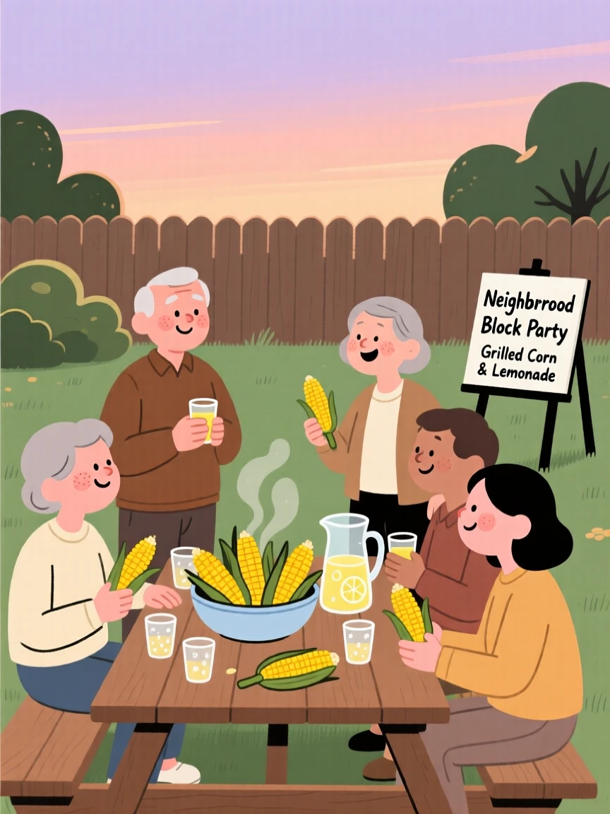 Neighbors gather for a block party in the backyard, sharing grilled corn and lemonade and conversation as laughter fills the warm evening air.