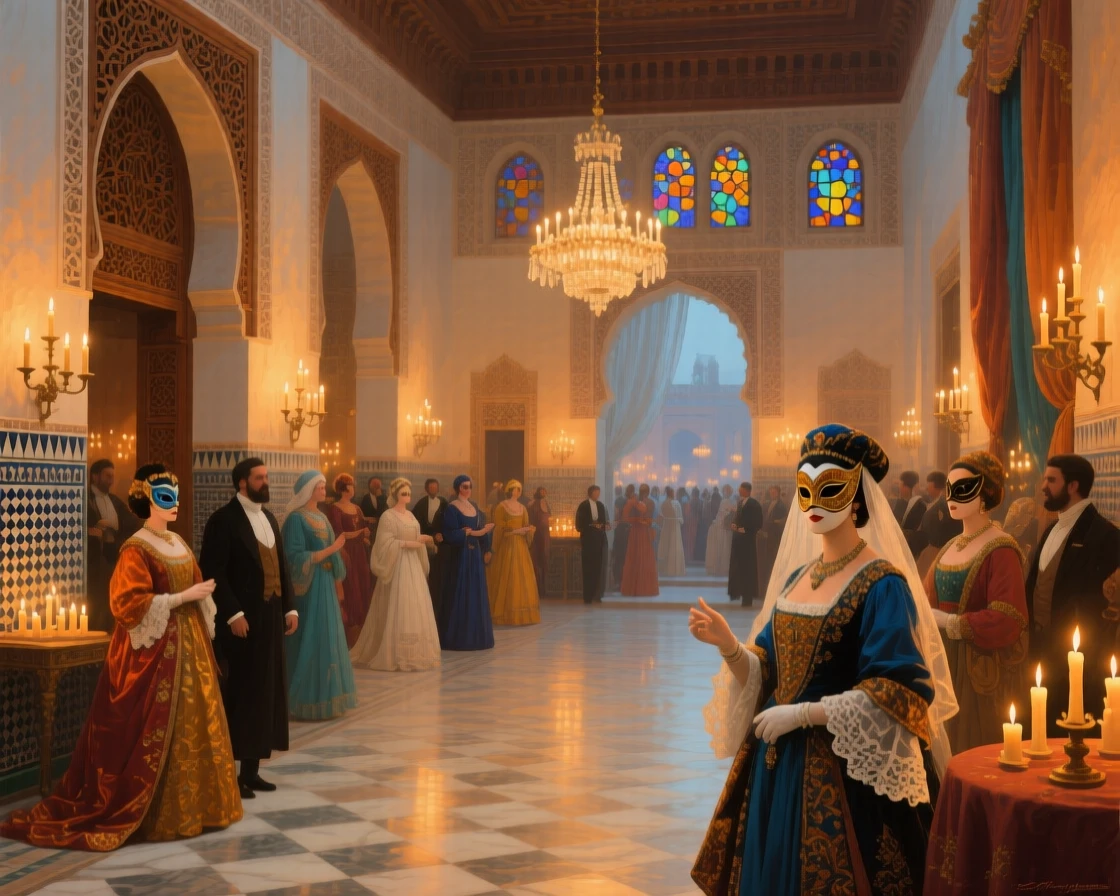 A sweeping wide shot of a masquerade ball in a candlelit grand hall, in a Moroccan medina, in a soft summer breeze.