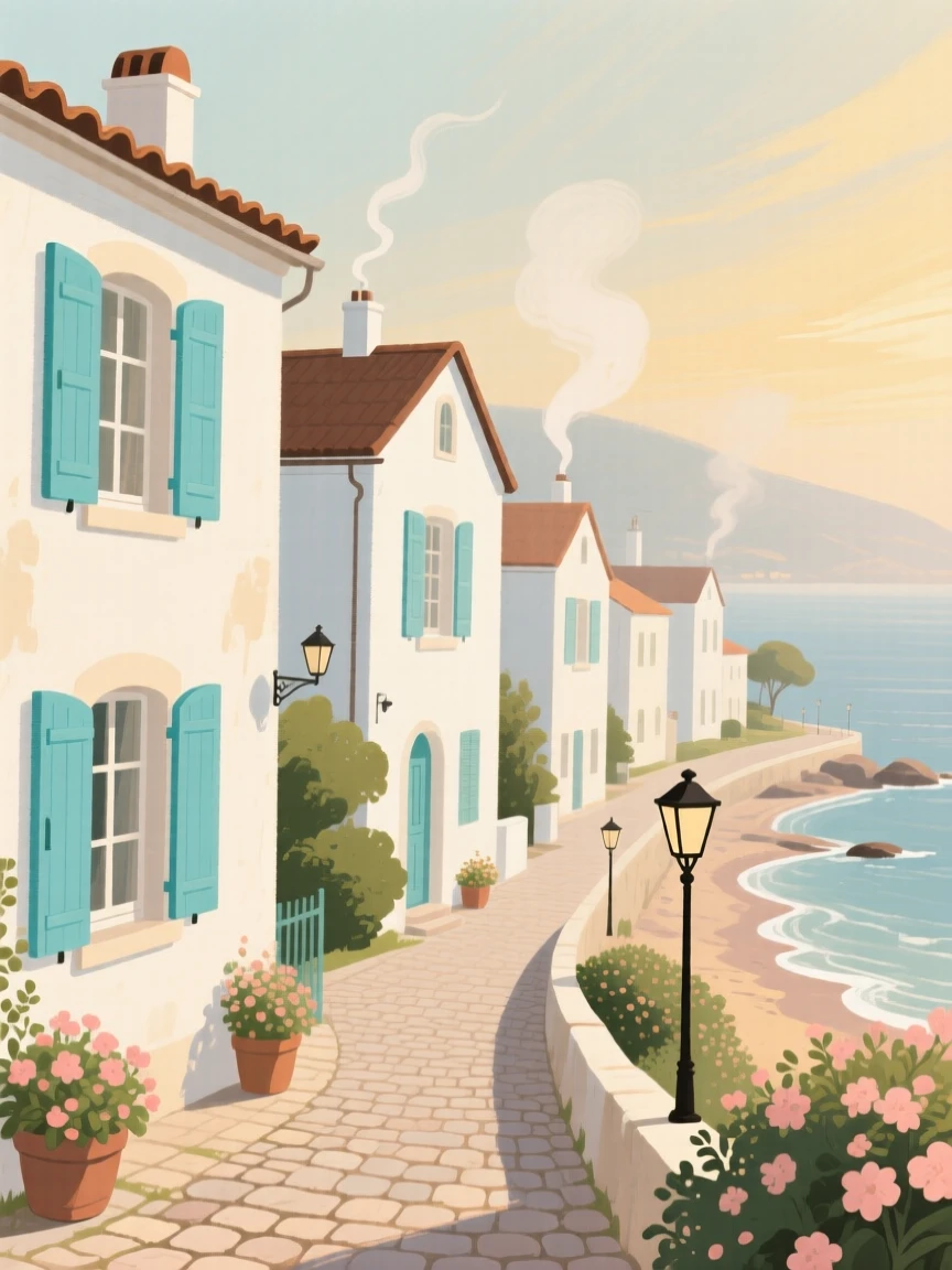 A coastal village of white houses with turquoise shutters
